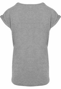 Graues kurzärmliges Oberteil mit rundem Ausschnitt. Weiches, strukturiertes Material. Lockerer Sitz mit umgeschlagenen Ärmelenden. Einfaches Design, ohne Muster.