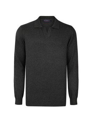 Donkergrijze lange mouwen polo trui met een V-hals, geribbelde manchetten en zoom. Gemaakt van een zachte, gestructureerde stof. Merlabel zichtbaar bij de hals.