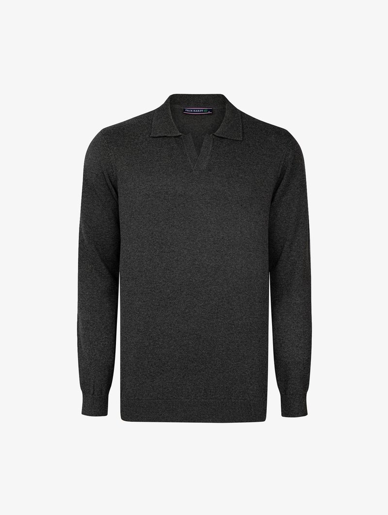 Pullover a manica lunga grigio scuro con scollo a V, polsi e orlo a coste. Realizzato in un tessuto morbido e testurizzato. Etichetta del marchio visibile all'collo.