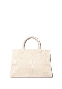 Witte handtas met een pythonpatroon, voorzien van twee stevige handvatten en een gestructureerde, rechthoekige vorm. Gladdere nepleer materiaal.