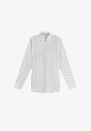 Witte lange mouwen shirt met fijne verticale strepen, button-down kraag en een voorflap. Gemaakt van gladde stof met een zachte textuur.