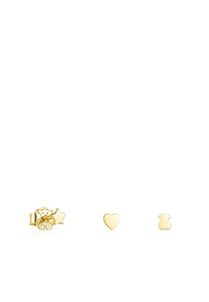 Conjunto de tres pendientes de oro en forma de oso de peluche, corazón y estrella. Textura suave con un acabado brillante y un diseño minimalista.
