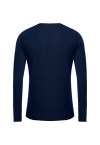 Marineblauer langärmeliger Pullover aus feinem Strickstoff. Er hat einen Rundhalsausschnitt, gerippte Bündchen und einen geraden Saum. Klassisches Design ohne Muster.