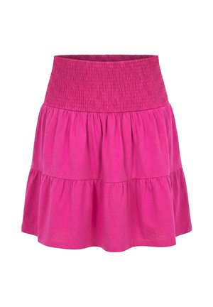 Falda escalonada de color rosa brillante con cinturilla ancha fruncida y paneles de tela recogida, de longitud hasta la rodilla y estilo casual.