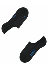 Schwarze Knöchelsocken mit einer glatten Textur, die mit blauen "R" und "FALKE KEEP WARM"-Text an den Seiten gestaltet sind. Entworfen für Komfort und Wärme.