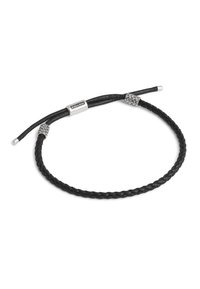 Bracelet en cuir noir tressé avec un fermoir en métal portant la marque "COACH", accentué par des perles en argent texturées à chaque extrémité.