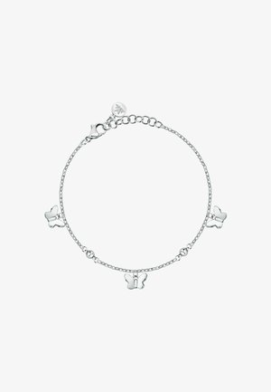 Bracciale in catena d'argento con charm a farfalla decorativi e accenti sferici. Texture liscia con finitura lucida.