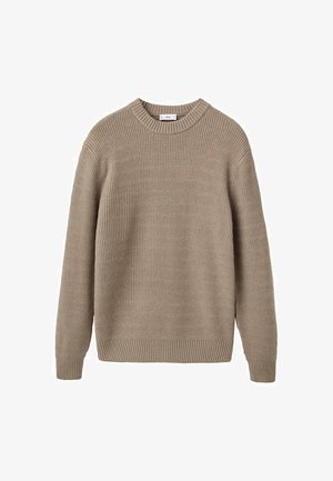 Pull en tricot côtelé beige avec un col rond, des manches longues et une apparence texturée. Présente une coupe droite et un ourlet à revers.