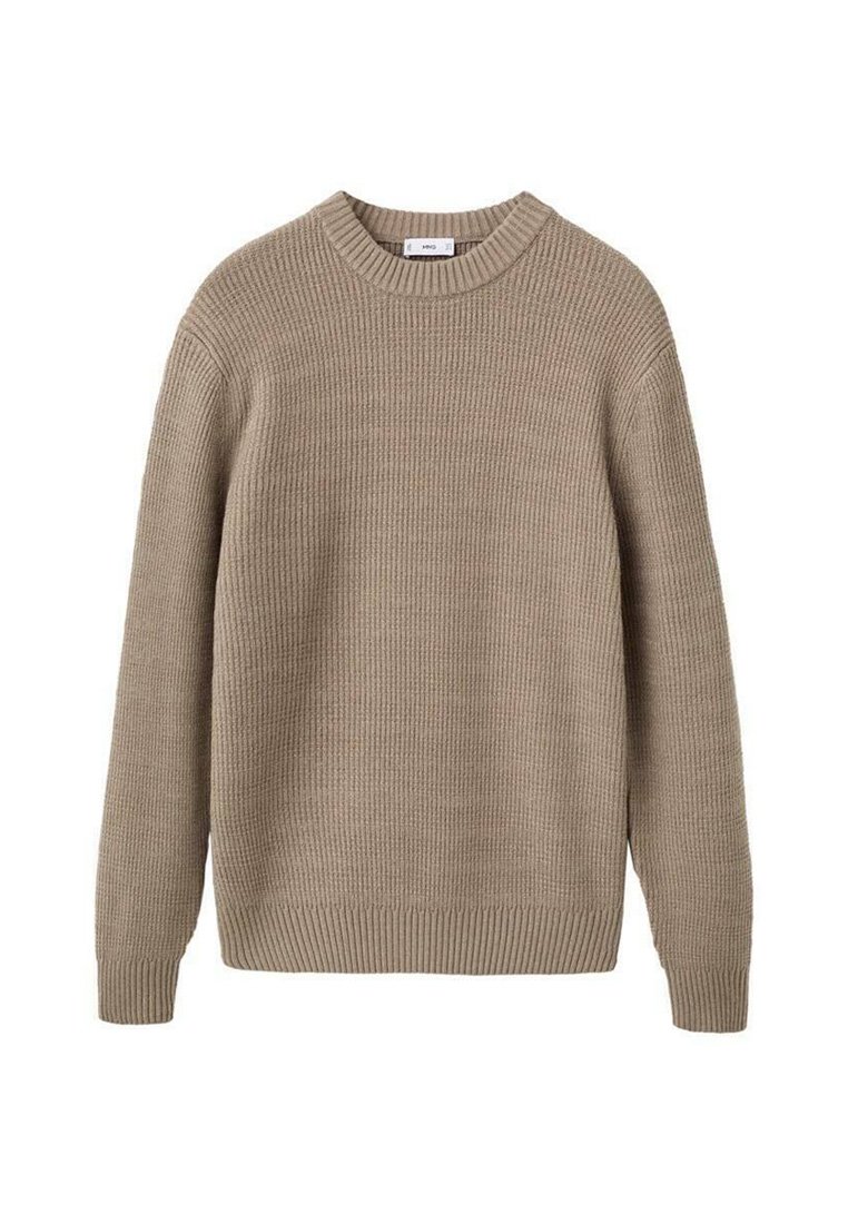 Maglione lavorato a coste beige con colletto rotondo, maniche lunghe e un aspetto testurizzato. Presenta una linea dritta e orlo a polsino.