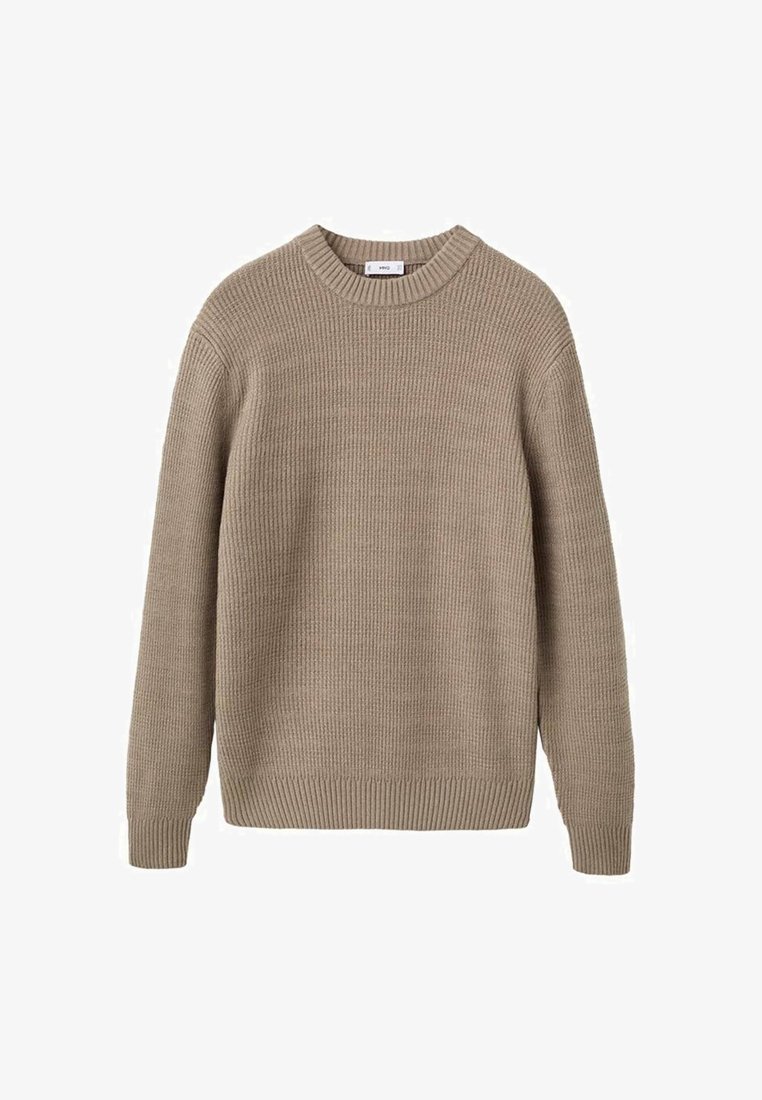 Maglione lavorato a coste beige con colletto rotondo, maniche lunghe e un aspetto testurizzato. Presenta una linea dritta e orlo a polsino.
