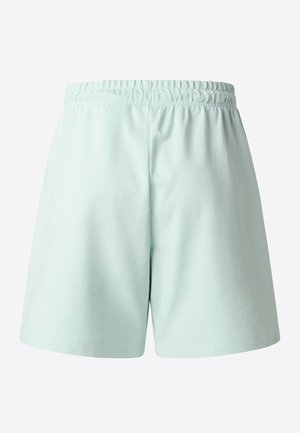 Pantalones cortos de color verde menta claro con cintura elástica, hechos de tela suave. Presentan un corte sencillo y recto, sin bolsillos.