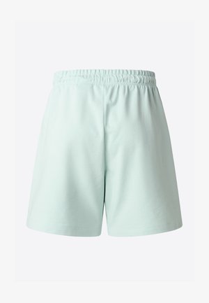 Pantalones cortos de color verde menta claro con cintura elástica, hechos de tela suave. Presentan un corte sencillo y recto, sin bolsillos.
