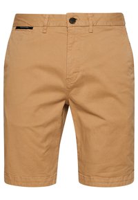 Pantalones cortos de algodón color caqui con un corte recto, cierre frontal con botón y bolsillos laterales. Presentan costuras mínimas y una textura suave.