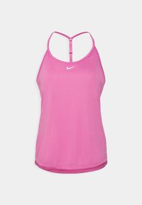 Rosa Sporttanktop aus glattem Stoff. Verfügt über ein Racerback-Design und ein kleines weißes Logo auf der Vorderseite.