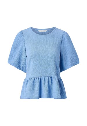 Lichtblauwe blouse met textuur, ronde hals, korte pofmouwen en een uitlopende peplumzoom.