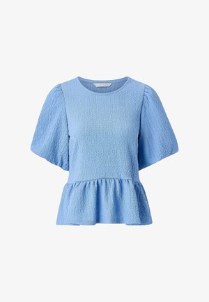Lichtblauwe blouse met textuur, ronde hals, korte pofmouwen en een uitlopende peplumzoom.