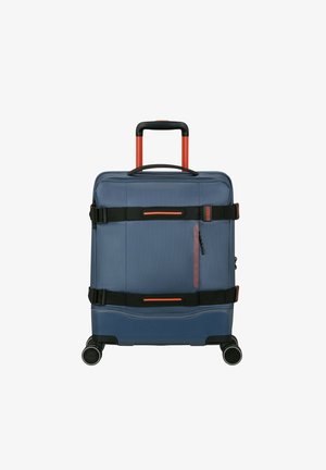 Valise souple bleue avec sangles horizontales noires et orange, poignée télescopique, poche zippée à l'avant et quatre roues multidirectionnelles.