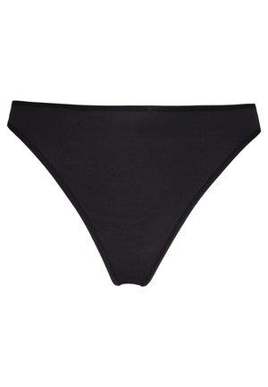 Culotte de bikini pour femmes noires, avec une texture lisse, présentant une taille basse et des bandes latérales étroites.