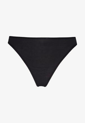 Culotte de bikini pour femmes noires, avec une texture lisse, présentant une taille basse et des bandes latérales étroites.