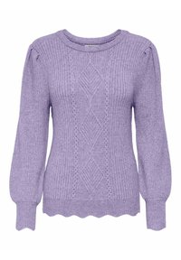 Pull lilas avec texture nervurée, manches longues bouffantes, et motif en losange à l'avant ; ourlet festonné.