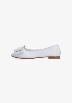 White leather ballet flats with a rounded toe, a large bow detail on the front, and a low brown stacked heel. Smooth texture throughout.