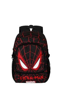 Černý a červený batoh s motivem Spider-Mana, s designem pavučiny, velkými bílými očima na přední kapse a logem Marvelu dole.
