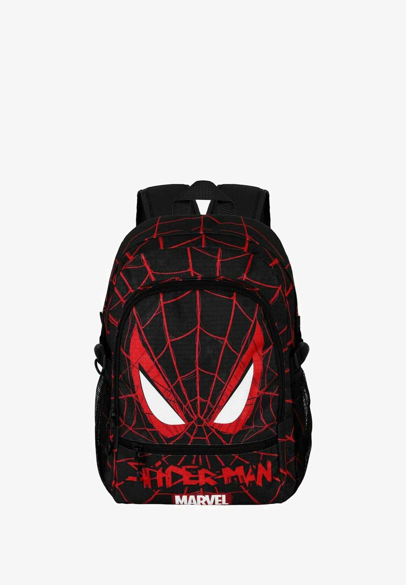 Sac à dos à thème Spider-Man noir et rouge avec un design de toile, de grands yeux blancs sur la poche avant et le logo Marvel en bas.