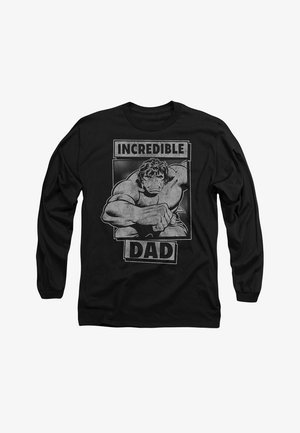 Black long-sleeve t-shirt featuring a graphic of a muscular figure with the text “INCREDIBLE DAD” in bold white lettering, textured print.