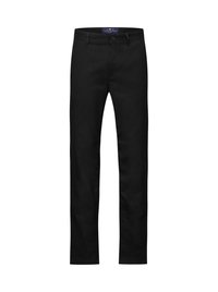 Svarta byxor i bomullsblandning, med rak bendesign, knappstängning och standard bälteshällor. Slät textur, utan mönster.