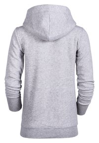 Gray hooded sweatshirt with a soft texture, long sleeves, and ribbed cuffs. Features a central back seam and a drawstring hood.