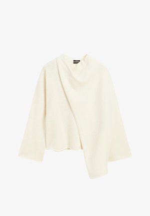 Cremefarbenes Strickoberteil mit drapiertem Vorderteil, weiten Ärmeln und abgerundetem Saum. Weiche Textur, minimalistisches Design, keine sichtbaren Beschläge oder Muster.