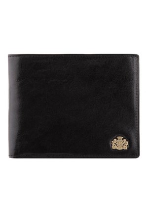 Portefeuille en cuir noir avec une texture lisse, design pliable en deux, et un accent logo doré dans le coin inférieur droit.
