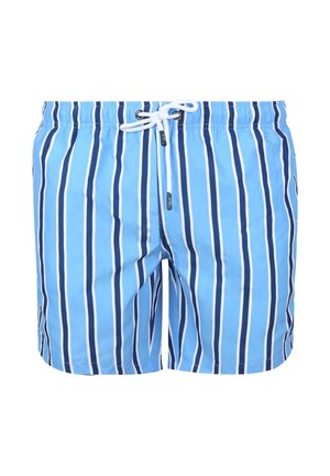 Blaue Schwimmshorts mit vertikalen Streifen in Dunkelblau und Weiß. Sie haben einen elastischen Bund, einen Kordelzugverschluss und eine glatte Textur.