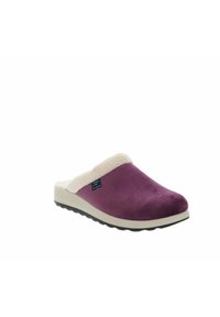 Pantofole viola senza lacci con upper in tessuto morbido, colletto peloso color crema e suola in gomma nera texturizzata. Presenta un'etichetta con il logo sul lato.