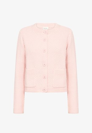Svijetlo ružičasti kardigan od teksturiranog pletiva s okruglim izrezom, pet dugmadi i dva prednja džepa. Dugi rukavi s rebrastim manžetama.