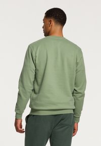 Felpa verde a girocollo realizzata in tessuto morbido. Presenta maniche lunghe e polsini a costine. Indossata con pantaloni jogging verdi abbinati.