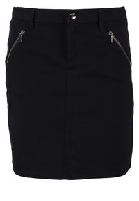Schwarze Jeansrock mit einer körperbetonten Passform, ausgestattet mit zwei Reißverschlusstaschen vorne, einer Knopfschließe und einem geraden Saum. Glatte Textur und minimale Details.