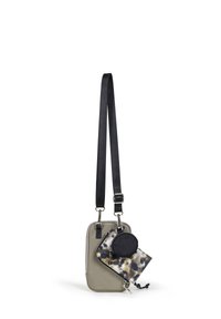 Borsa a tracolla grigia con pochette rimovibile e portamonete tondo. Cintura nera, chiusure con zip e motivo marmorizzato sulla pochette.