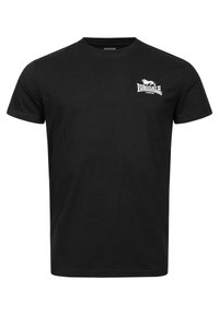 Sort bomulds t-shirt, rund hals, korte ærmer. Hvidt logo med en løve og "Lonsdale London" trykt på venstre bryst.