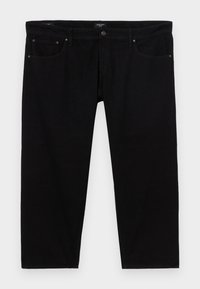 Jeans negri din denim cu un design drept, având un stil clasic cu cinci buzunare și accesorii metalice contrastante.