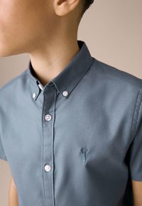 Lankaharmaa nappipaita, jossa on lyhyt kaulus, lyhyet hihat, valkoiset napit ja kirjailtu hummerilogo rinnassa.