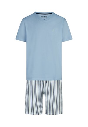 Light blue V-neck short-sleeve shirt with small palm tree logo paired with white shorts featuring blue and green vertical stripes.