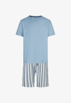 Light blue V-neck short-sleeve shirt with small palm tree logo paired with white shorts featuring blue and green vertical stripes.