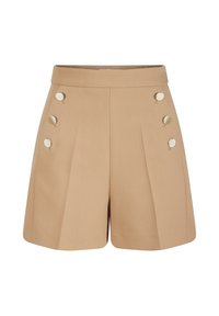 Béžové šortky s vysokým pasem, se šesti zlatými kulatými knoflíky, se skládacími předními záhyby a širokým pasem.