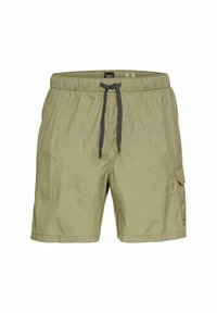 Khaki cargoshorts van lichtgewicht stof, met een elastische tailleband en een zwarte trekkoord, zijzak en een gladde textuur.