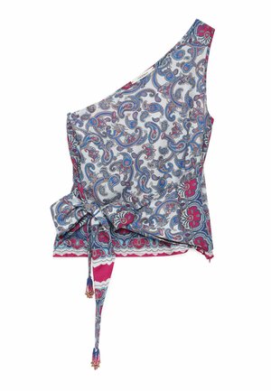 Top monospalla senza maniche con motivo paisley blu, rosa e bianco, con cintura in vita con nappine e orlo smerlato.