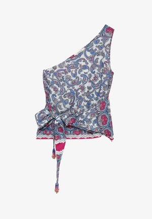 Haut asymétrique sans manches avec motif cachemire bleu, rose et blanc, avec ceinture à la taille ornée de pompons et ourlet festonné.