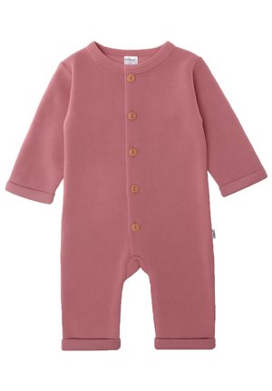 Różowy kombinezon z prążkowanej tkaniny z długimi rękawami, drewnianymi guzikami z przodu oraz podwiniętymi mankietami. Miękka tkanina zapewniająca komfort i elastyczność.