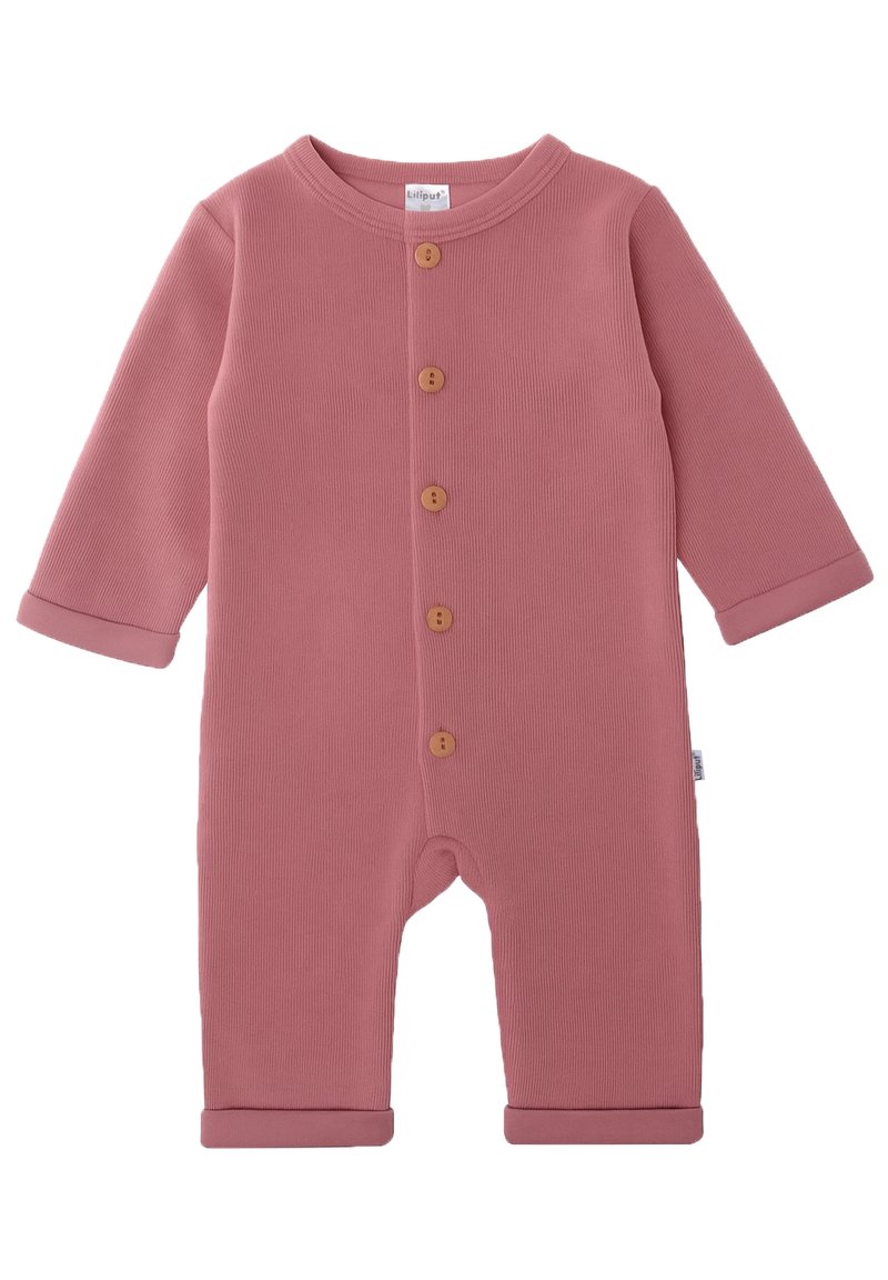 Combinaison rose à côtes avec manches longues, boutons en bois sur le devant et manches retroussées. Tissu doux pour un confort et une flexibilité optimaux.