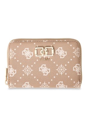 Beige Guess zip-around wallet with white monogram pattern and gold logo plaque on textured surface.